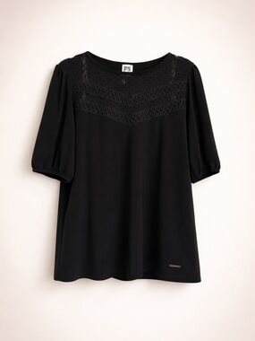 Anne Klein Black Lace Mesh Blouse NWT Sheer Yoke Puff 3/4 Sleeve Chic Top- Large